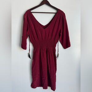 Anthropologie Postella Red Burgundy Large 100% silk‎ women deep v feminine flare